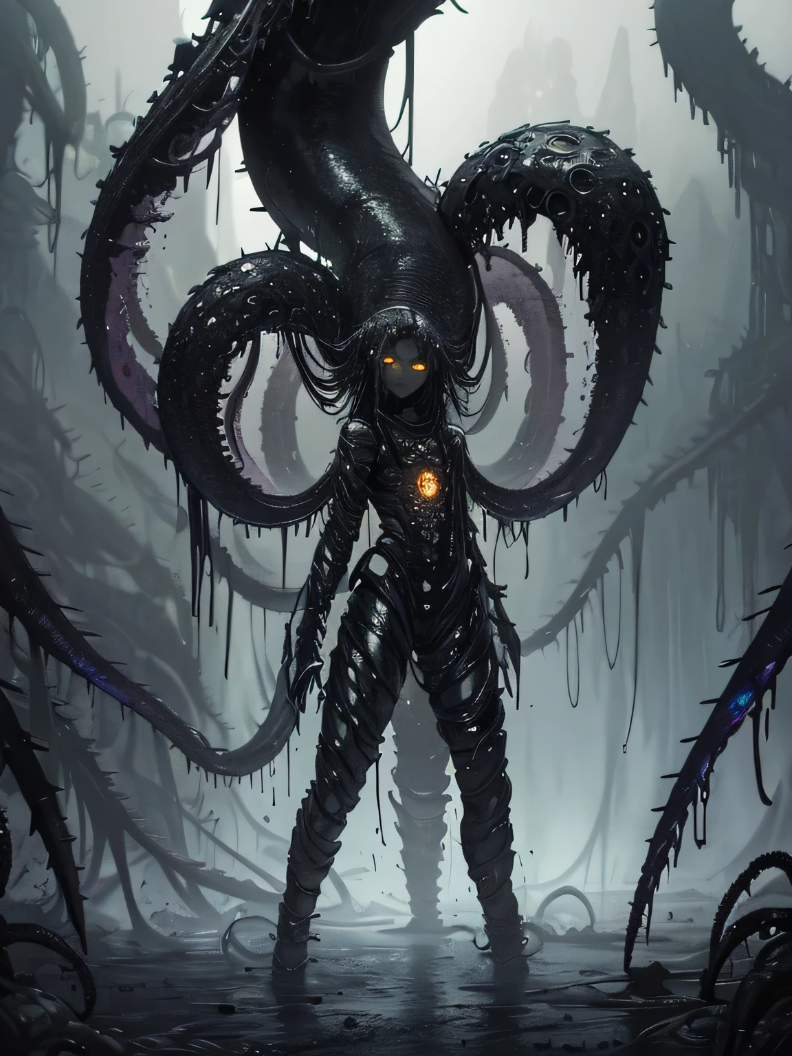 ((dark biopunk horror atmosphere tentacles)), ((beautiful girl in biopunk style)), (dark gray skin), biopunk clothing, slime-covered steel biomes, biopunk mountains, tentacles, cold lighting, abandoned landscapes, (Scorn videogame style), Horror atmosphere, presence of something terrible, very detailed biopunk background, art by Hans Giger, perfect anatomy, Masterpiece