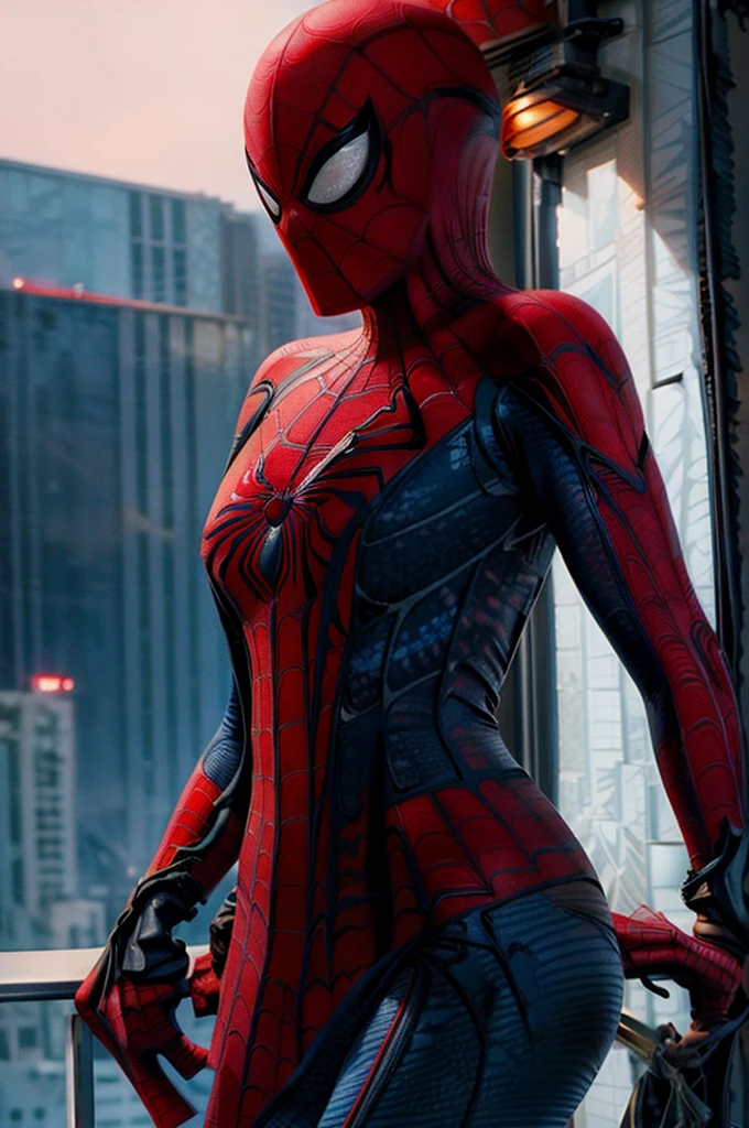 a mid shot of Mary Jane Watson (wearing a tight spider-man costume:1.4), (dressed as spider-man:1.4), (redhead, ginger, big green eyes), beautiful, gorgoues face, big pink lips, cheekbones, snokey eyes, freckled, sharp nose, jawline, skinny, slender, slim, ((ultra realistic)), (highly detailed face, big fake lips), beautiful lighting, smooth skin, bright image, bright colours, (hyperreal, realism), posing seductively