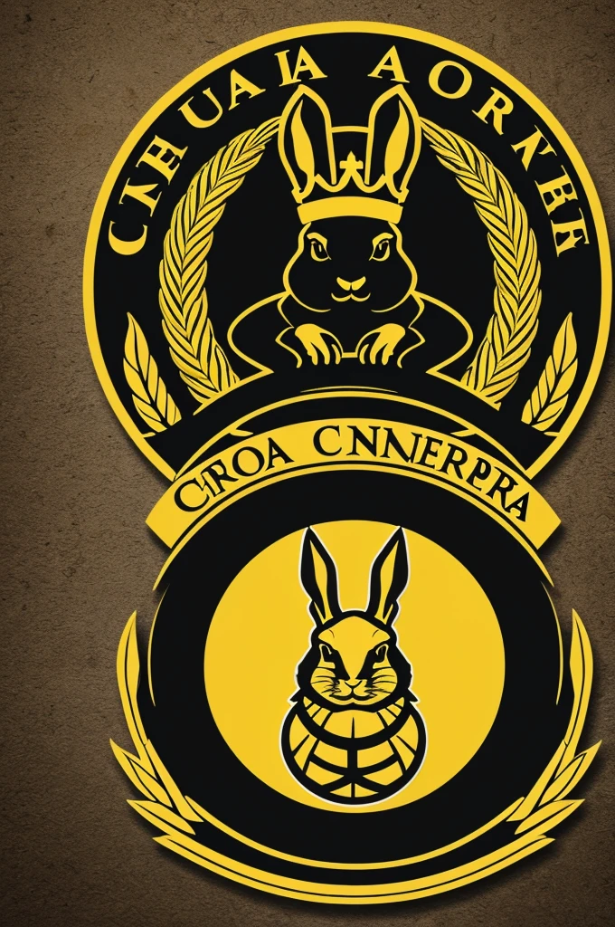 Genera el logo de un clan en tonos dorados con fondo negro, una cabeza de conejo en medio y que tenga escrito TWR y una corona arriba de la cabeza de conejo