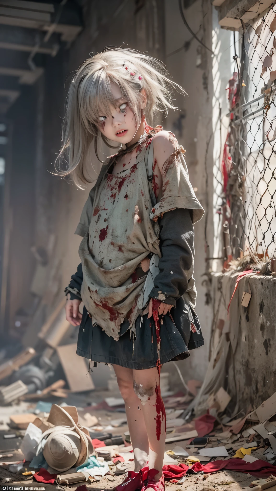 Ruins from the war, (Pale-faced girl:1.4), (Standing on the brink of death:1.5), ((In a ripped and tattered dress:1.4, Dirty body:1.4, Multiple bullet wounds in the abdomen:1.4, Bleeding from the body:1.2, Vomiting blood from the mouth:1.2)), beautiful girl, Baby Face, Highest quality, 8k, masterpiece, (Detailed eyes and face:1.3), (Detailed hands), Professional photography techniques, Cinema Lighting, (Tears from the eyes), ((Dying expression:1.3))