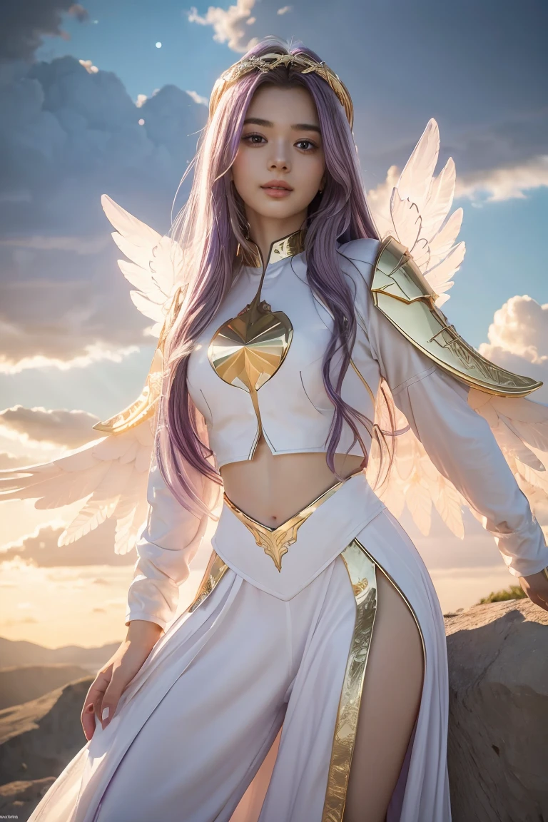 ((masterpiece, best quality, extremely detailed), volumetric lighting, ambient occlusion, colorful, glowing), 
1girl, solo, young girl, (purple hair), long hair, halo, aura, sacred, goddess, cleric suit, (white outfit with gold detailst:1.3), angel wings,
outdoors, sunset, sky, clouds, space, (fantasy theme:1.2),