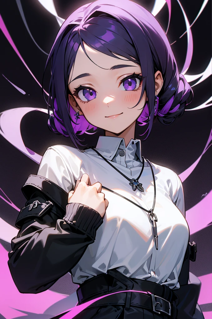 masterpiece,One girl,alone, A light smile, Metal Necklace, White shirt, Modern , accessories, Purple and black two-tone hair color, Unique Hairstyles, stylish, Black background