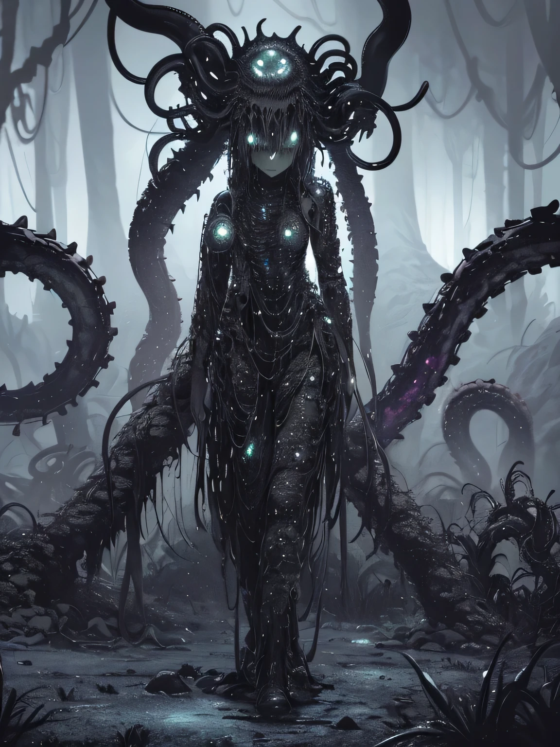 ((dark biopunk horror atmosphere tentacles)), ((beautiful girl in biopunk style)), (dark gray skin), biopunk clothing, slime-covered steel biomes, biopunk mountains, tentacles, cold lighting, abandoned landscapes, (Scorn videogame style), Horror atmosphere, presence of something terrible, very detailed biopunk background, art by Hans Giger, perfect anatomy, Masterpiece
