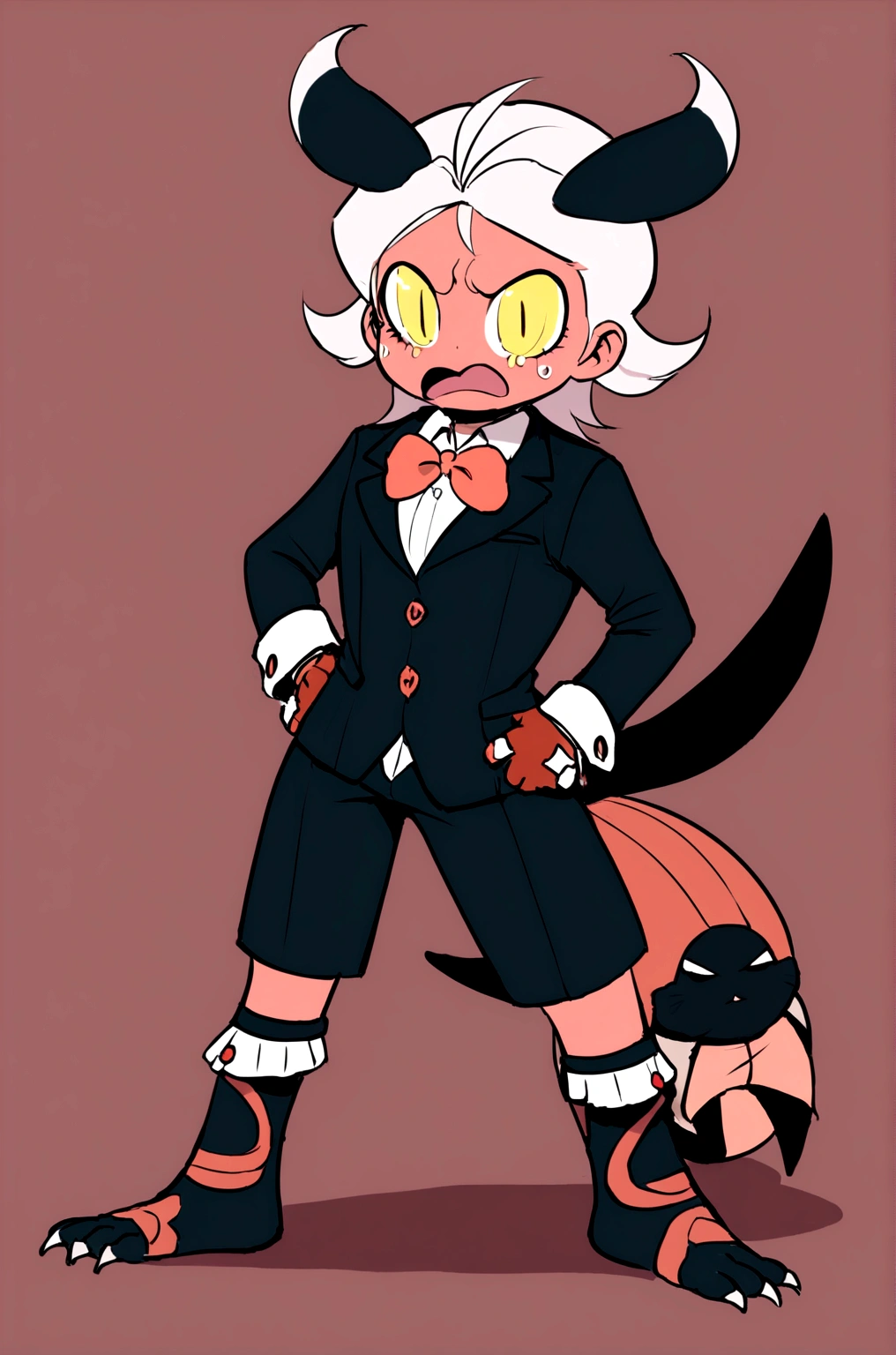 moxxie, chico demonio, rojo skin, ojos amarillos, yellow sclera, sin nariz, cola de diablillo moxxie larga completamente visible, pecas, rojo/black hooves, extremely grumpy, wearing a black coat with red buttons and white cuffs, pantalones negros, una camisa blanca con cuello de tortuga negro, una pajarita roja grande y guantes sin dedos, ROMPER
((imagen de altura completa)), ((mirando al espectador)), ((posando)),