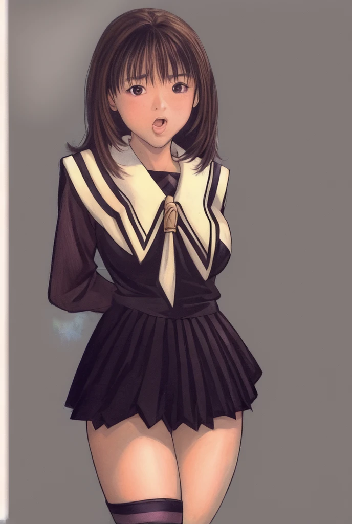 Iori is standing in a miniskirt uniform, blushing and with her mouth open。