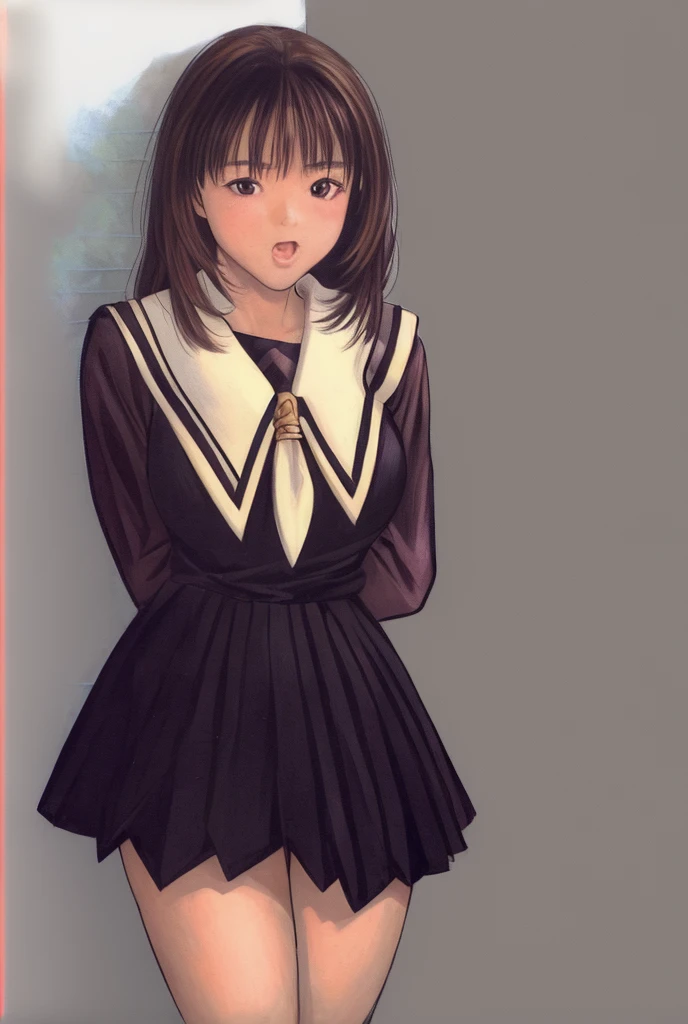 Iori is standing in a miniskirt uniform, blushing and with her mouth open。