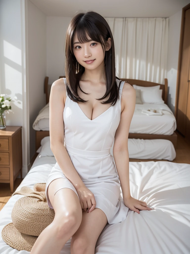 (Highest quality:1.9)、(High resolution)、Live-action image quality、((19 year old female university student、1 person))、Soft lighting by a professional photographer、Natural light、((Very spacious white luxurious room:1.6))、((Bright white room:1.6))、(Sitting on a very luxurious white bed:1.2)、(White Bookcase:1.1)、Natural soft light、((Brown hair color:1.1))、Fair skin、Detailed Eyes、double eyelid、Slightly puffy cheeks、((Small Face:1.0))、((Grey knit dress、Please wear it with the chest open.:1.1))、Live-action image quality、(I don't make bangs:1.8)、F cup big breasts、Cleavage、(smile)、((Girly pose 1.8))、((Long hair with no bangs that exposes the forehead:1.1))、((Full Body Shot:1.2))、((Height: 150cm))、Hands in front、Hide your hands between your legs、