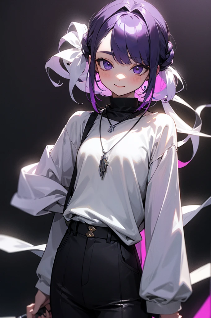 masterpiece,One girl,alone, A light smile, Metal Necklace, White shirt, Modern , accessories, Purple and black two-tone hair color, Unique Hairstyles, stylish, Black background