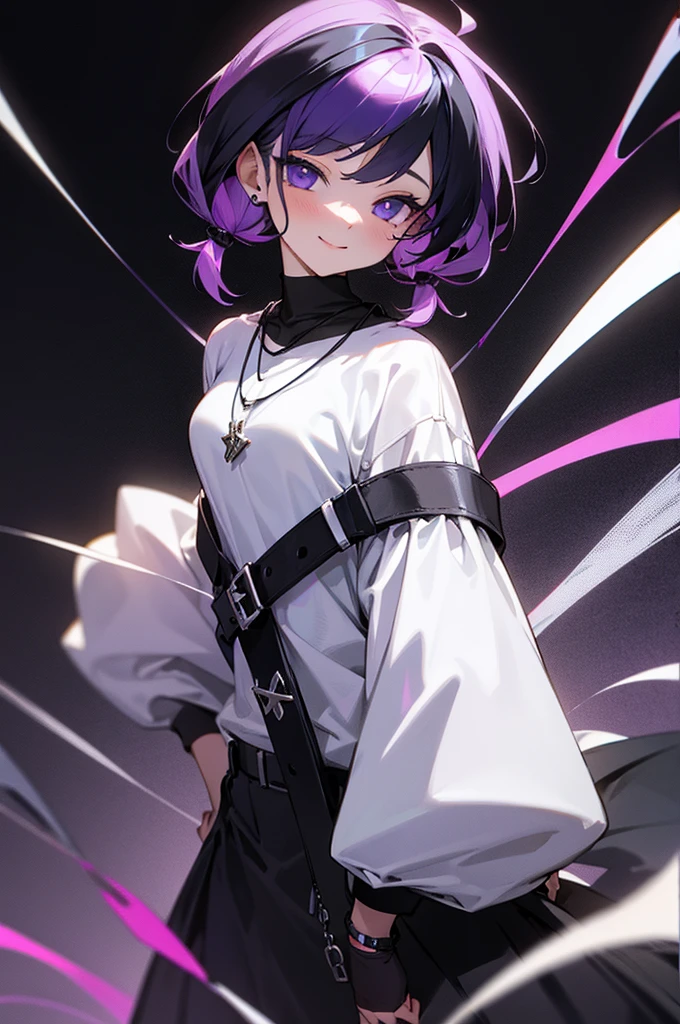 masterpiece,One girl,alone, A light smile, Metal Necklace, White shirt, Modern , accessories, Purple and black two-tone hair color, Unique Hairstyles, stylish, Black background