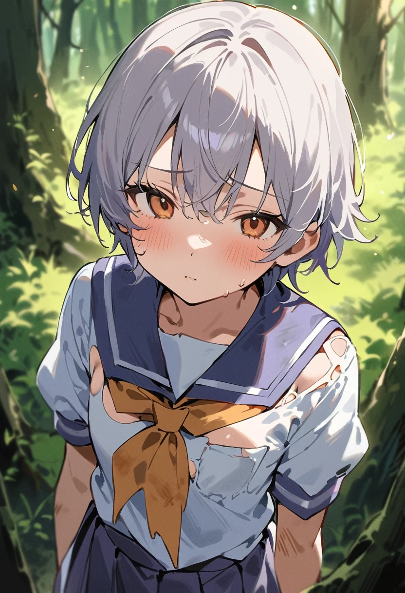 beautiful detailed girl,(masterpiece,best quality,extremely detailed:1.2),((cowboy shot:1.1)),(solo,10 years old,kawaii,slender,small breasts:1.25),(pained look:0.8),((white underwear) in ((Torn school uniform)):2),(dirty:2),blush,shy,weep,standing,(deep forest:1.5),(hug:0.4),rating: general, newest,Sexy face,(primitive:1.1)