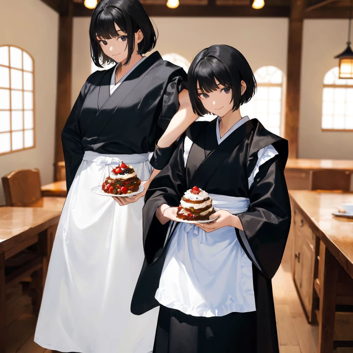 (masterpiece,absurdres), (best quality, high quality:1.4), perfect design,(1girlsolo,17 years old, black hair, short hair, black eyes, light smile, closed mouth, Japanese monk's black robe, buddhist black robe, long robe, white coverall apron, White cooking apron, white Kappogi, white apron, slender girl:1.3), (upper body,looking at food,cooking Lots of Christmas foods in the kitchen,Lots of Christmas foods on the table, turkey, Medieval European coffee shop kitchen)