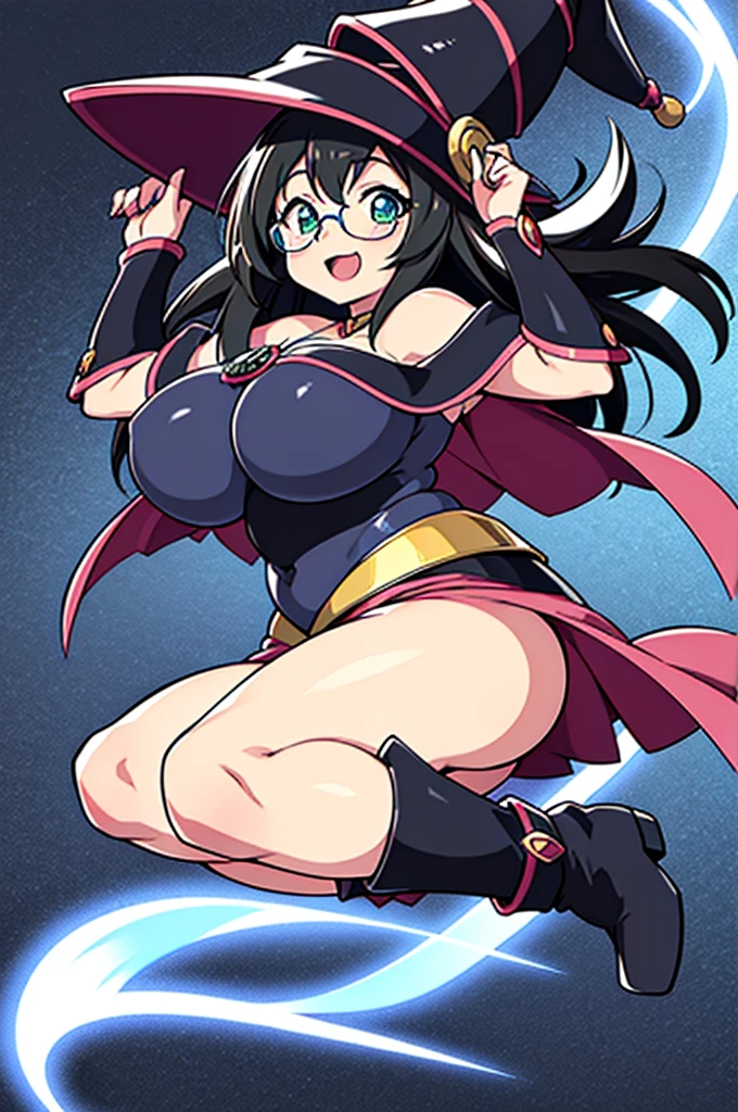 お話したかった最high quality, high quality, 8k、High resolution,Highest quality、solo、Open Mouth Smile、A fat girl in black clothes with a black hat and glasses, Flirty Anime Witch, A strong and plump female magician, Black boots, chic, Anime Moe Art Style, Cute Witch, I also make fan art, The witch of the sky