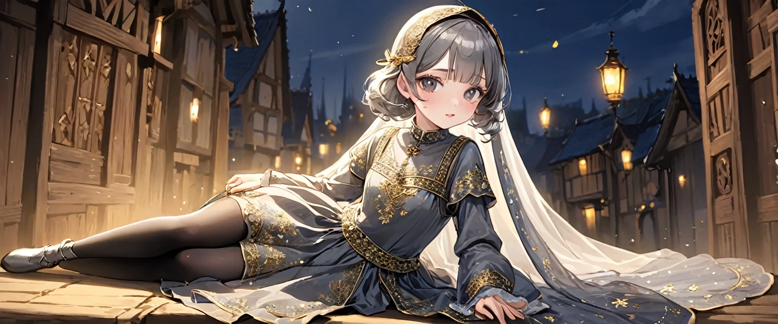 girl, Gold and silver embroidery, Platinum and pearl medieval long dress(With panniers), Translucent fabric, Pull up the dress by hand, Strong winds, Translucent slip, Grey translucent tights, 8歳のgirl, Gold and silver embroidery, medieval mini dress(With panniers), Translucent fabric, Pull up your skirt, Strong winds, Translucent slip, Grey translucent tights, Peeking from below, Highest quality, Disorder of clothing, Lying down, underwear, Show off your thighs, night, Skirt lining