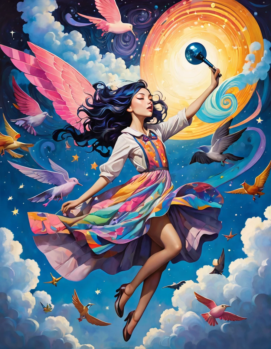 In a whimsical, colorful cartoon world, a kaleidoscope of flying objects swirls against surreal landscapes, inspired by the ethereal sounds of Midnight Tunes. Gentle mews and epic dreams converge as vibrant colors and exaggerated shapes come alive. A fantastical realm unfolds, reminiscent of Etam Cru's distinctive art style. Against a backdrop of swirling clouds and starry skies, photorealistic concept art by Rebeca Saray and Brad Kunkle captures the magic of this world in motion. (art inspired in Bill Sienkiewicz). oil painting)