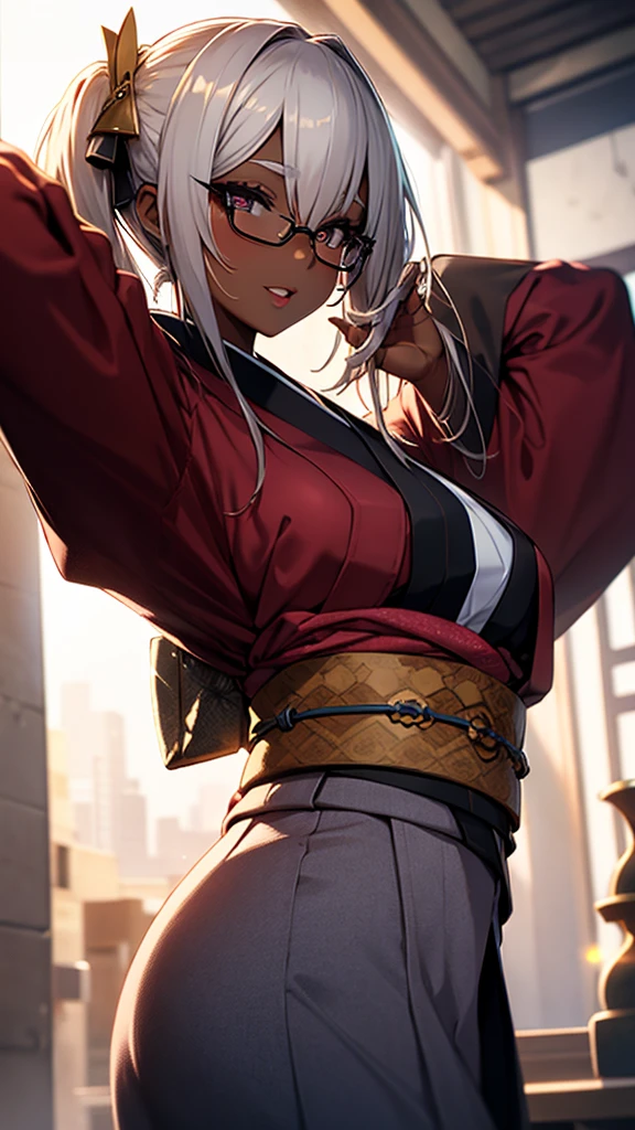 (1girl:1.3), Masterpiece, Best quality, amazing beauty, [[3D]], 4K, absurdres, finely detail, super detailed eye, perfect anatomy, official art, cinematic lighting, BREAK, Island, silky medium hair, silky twin tails, white hair, super shiny detailed brown eyes, big eyes, sparkle(in the eyes), thick eyebrow, open-mouth, plump lips, Mascara, False eyelashes, pink lips, eyewear, contented smile, BREAK , big breasts, tall, skinny, dark skin, walking and waving, BREAK , Shoot from below, BREAK,(kimono:1.3)