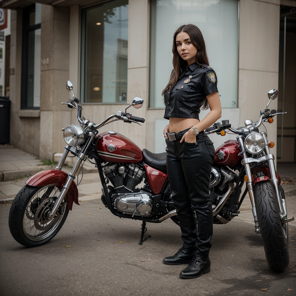 1girl in, 30 years old, Square face, Long hair, Looking at the viewer, jewelry, Realistic, Sexy, police outfit, standing next to a motorbike - holding a gun - sitting on a motorbike, free pose