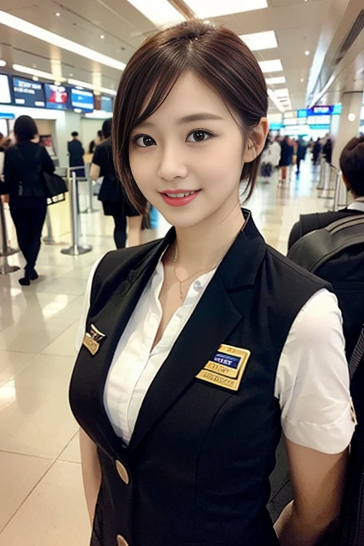 a gorgeous lady, age 21, Flight Attendant uniform, Shenzhen Airlines Stewardess,natural pose in airport, dimpled smile, short ponytail hair, short bob hair, cute snaggleteeth, well-endowed round bosom, photorealistic, beautiful detailed eyes, hyper-realism, high contrast, ultra HD, realistic skin textures, top image quality, top-quality, super high resolution, fine details, very meticulously, head to waist, bosom focus, bokeh background