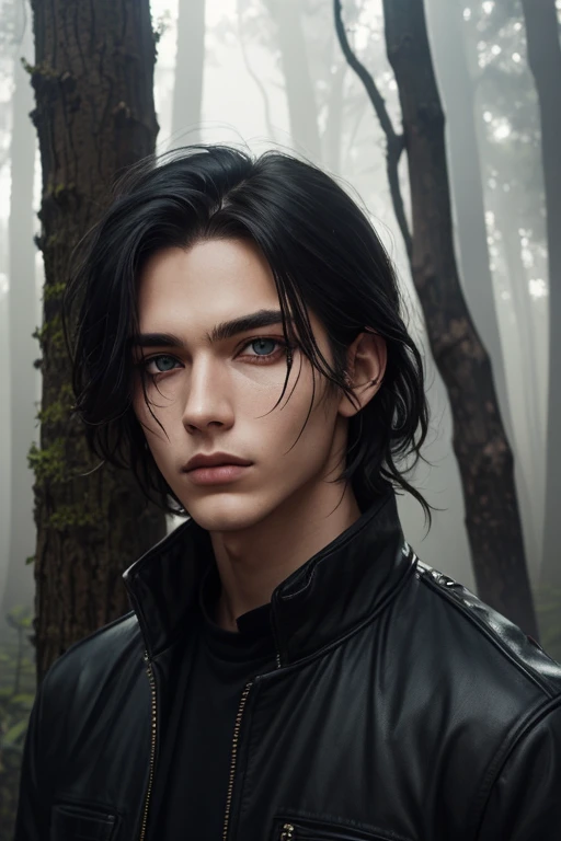 ((best quality)), (masterpiece), Goth subculture  Australian man of 21years old, messy black hair with some part on the side sticking up, ((heavy black eyeliner around his eyes)) makes his eyes seem sunken into his face, soft white make-up, his clothing is all black, he stands amongst eucalyptus trees towering into the ethereal misty fog, to the right of the man and in front is a small hole, a shovel sticks into a pile of dirt next to the hole