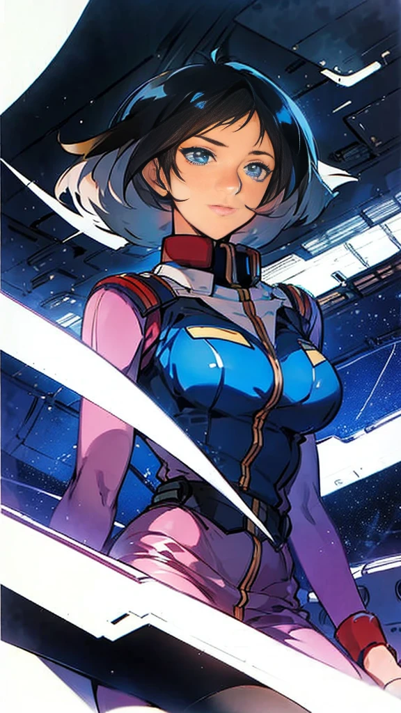 Sit in the cockpit of a fighter、Pilot Suit、Earth Federation Forces、Costumes、Large Breasts、20-year-old、Black Hair、Shortcuts、Asian。