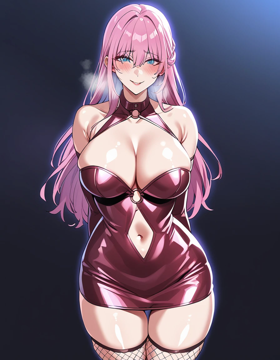 (sexy-style:1.3), 1girl, shikimorisan, pink hair, long hair, blue eyes, hair between eyes, bangs, blush, makeup, smile, breasts, tight, skin tight, heavy breathing, open clothes, waist cutout, navel cutout, off shoulder, bodycon, microdress, cleavage, thighs, latex, shiny clothes, elbow gloves, fishnet thighhighs, thong, o-ring, looking at viewer, bare shoulders, sleeveless dress, no sleeve, dress, dark room, night, bedroom, cowboy shot, masterpiece, best quality   