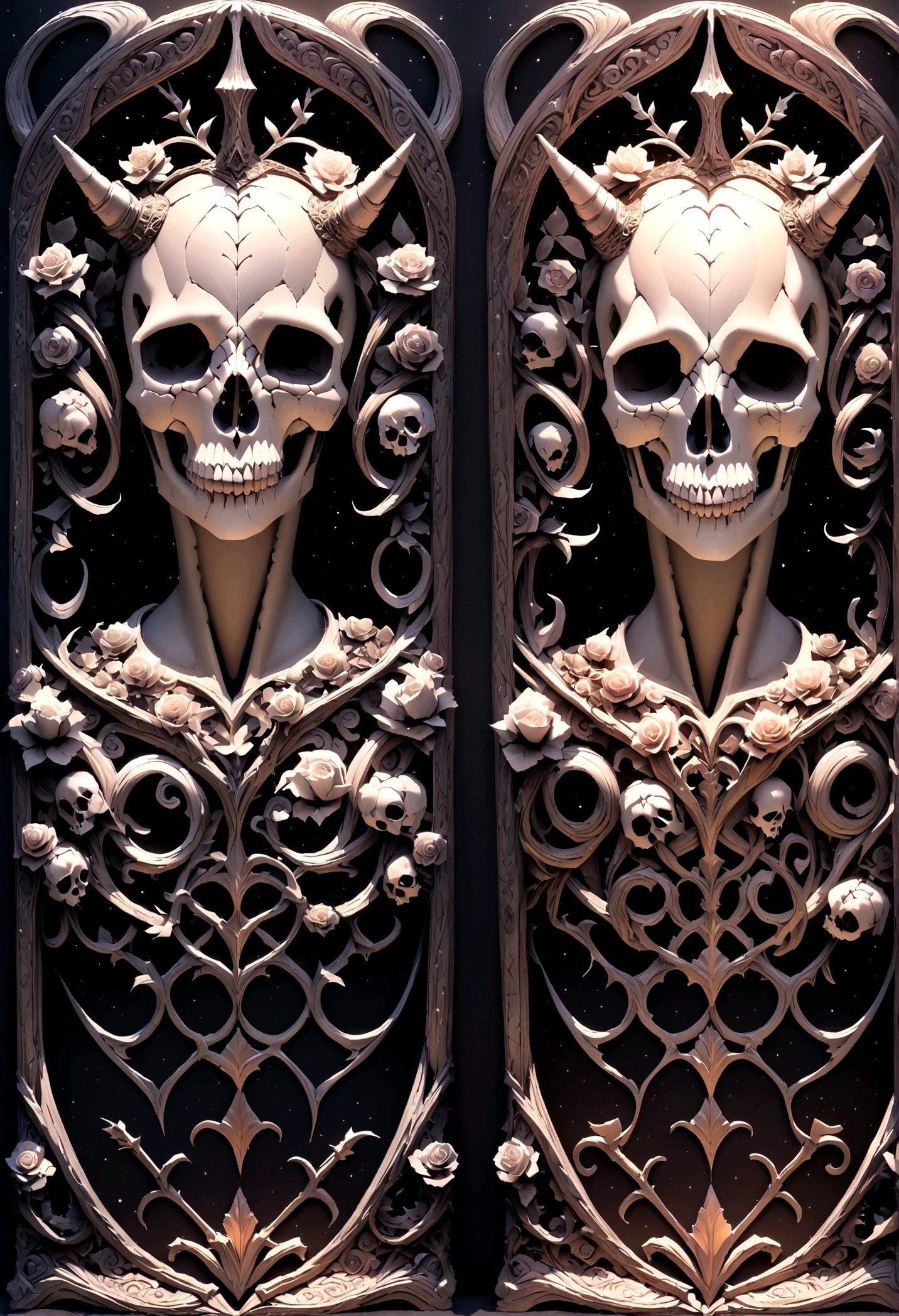 Dark art realistic ultra high resolution fantasy style extremely detailed rich color 3d Unicorn skull head beautifully decorated ornate designs & flowers dark
