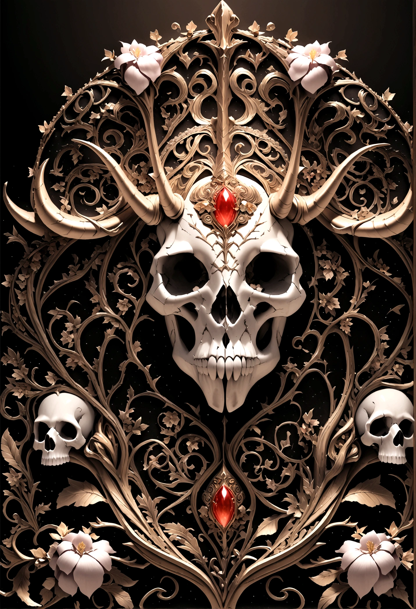 Dark art realistic ultra high resolution fantasy style extremely detailed rich color 3d Unicorn skull head beautifully decorated ornate designs & flowers dark