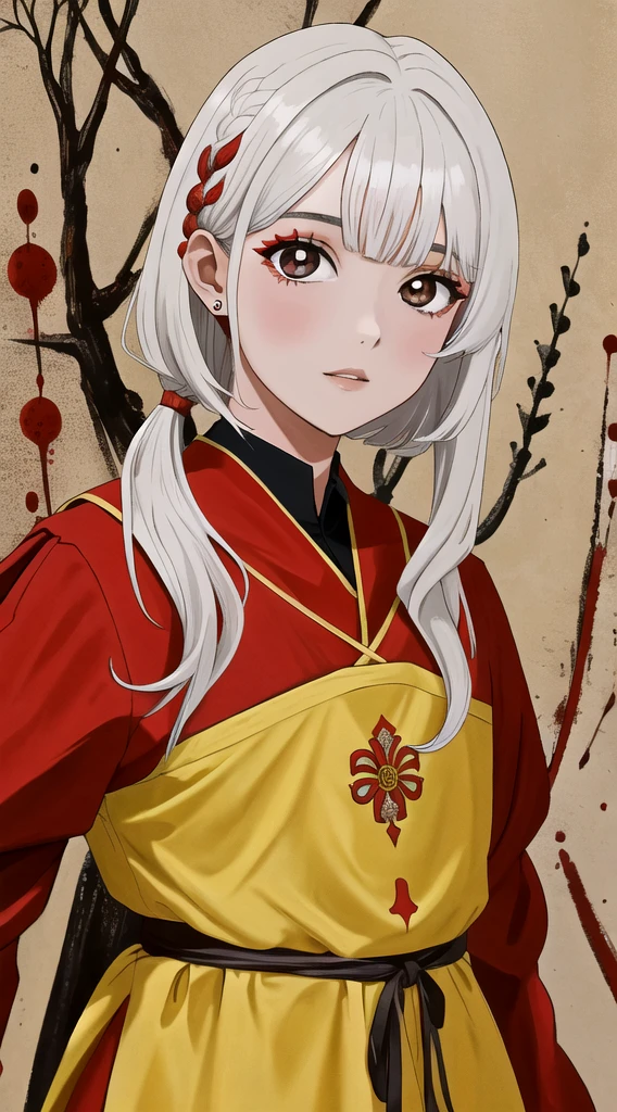 1 garoto, Cabelo enrolado com a cor vermelha sangue vivo , legal, olhos castanhos claro, legal outfit, legal hairstyle, cabelo dedilos enrolado, retrato, fundo colorido, fundo de 2 cores, absurdos, high resolution, ultra-afiado, 8K, Obra de arte, olhando para o espectador, anime version