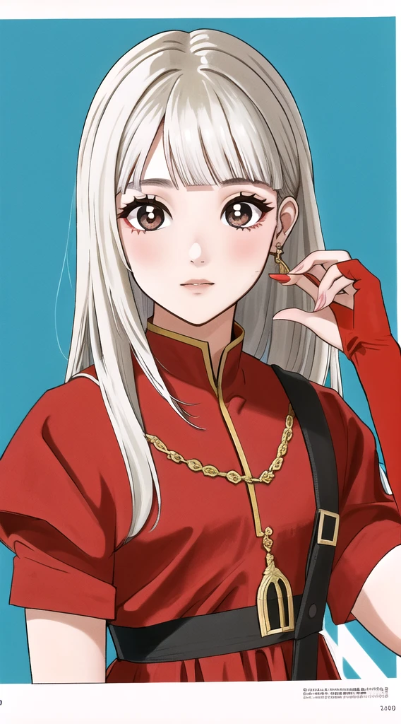 1 garoto, Cabelo enrolado com a cor vermelha sangue vivo , legal, olhos castanhos claro, legal outfit, legal hairstyle, cabelo dedilos enrolado, retrato, fundo colorido, fundo de 2 cores, absurdos, high resolution, ultra-afiado, 8K, Obra de arte, olhando para o espectador, anime version