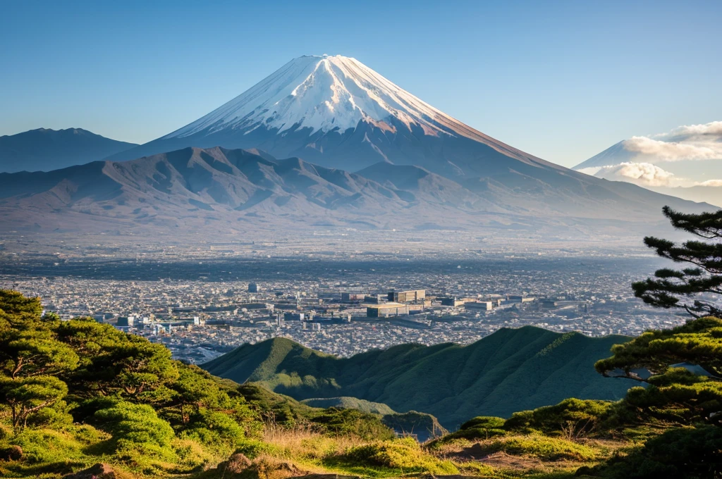 RAW photo of mount. Fuji Mountain, mount. Fuji Mountain one, We don't need another mountain, Delicate, beautiful and realistic, detailed, Realistic, Ultra-realistic photos, 8K Ultra HD, Digital SLR, Sunny spring mountain, high quality, Film Grain, Fujifilm XT3, (masterpiece), majestic mount. Daisen, mount. Fuji Mountain reflected on the surface of the lake, Cherry blossoms are beautiful, The morning sun overlaps,