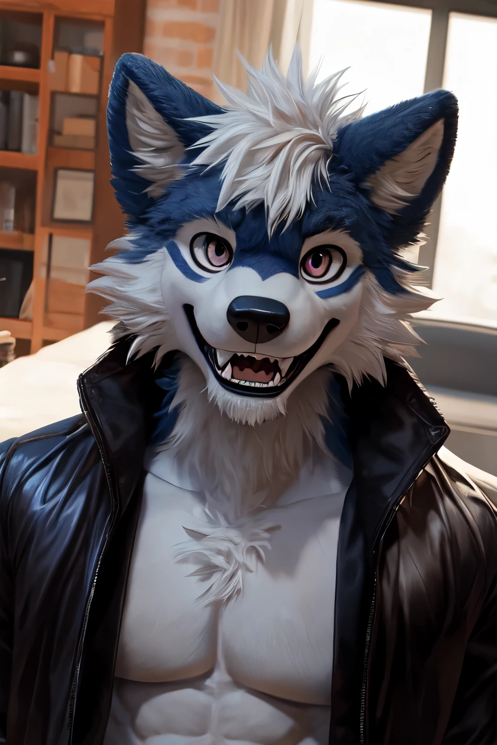 wolf fursuit, muscular, fluffy fur, shirtless, black coat jacket, smile, teeth, looking at viewer, teeth