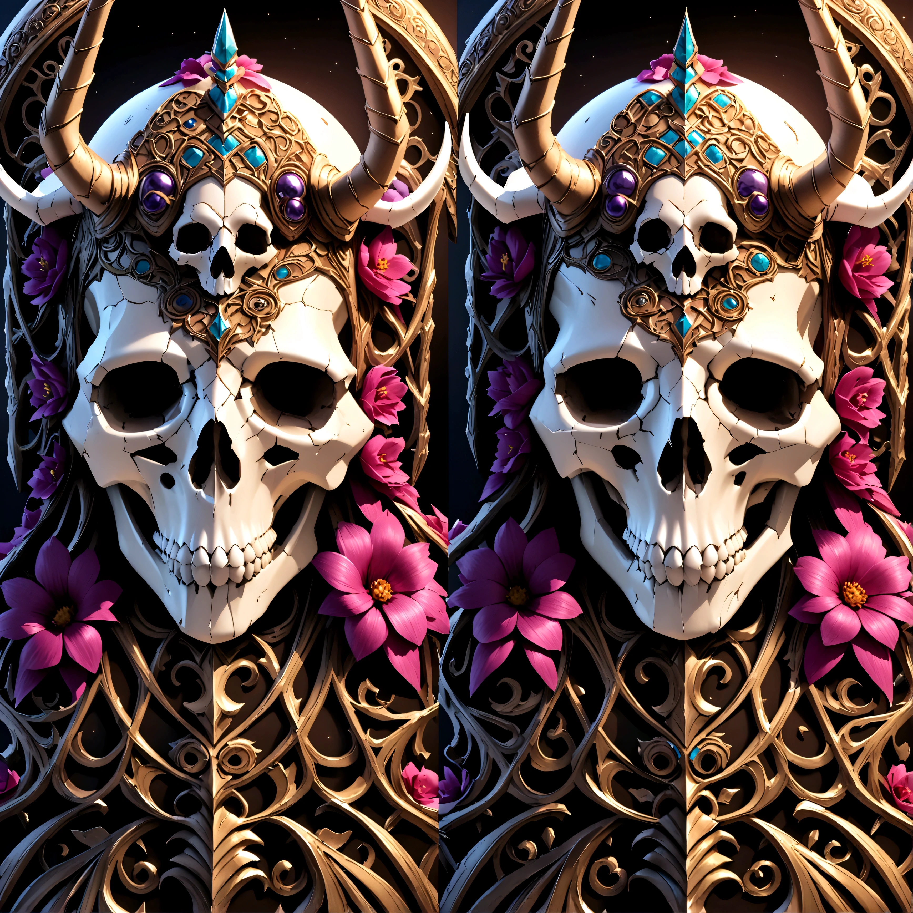 Dark art realistic ultra high resolution fantasy style extremely detailed rich color 3d  Unicorn skull head beautifully decorated ornate designs & flowers 