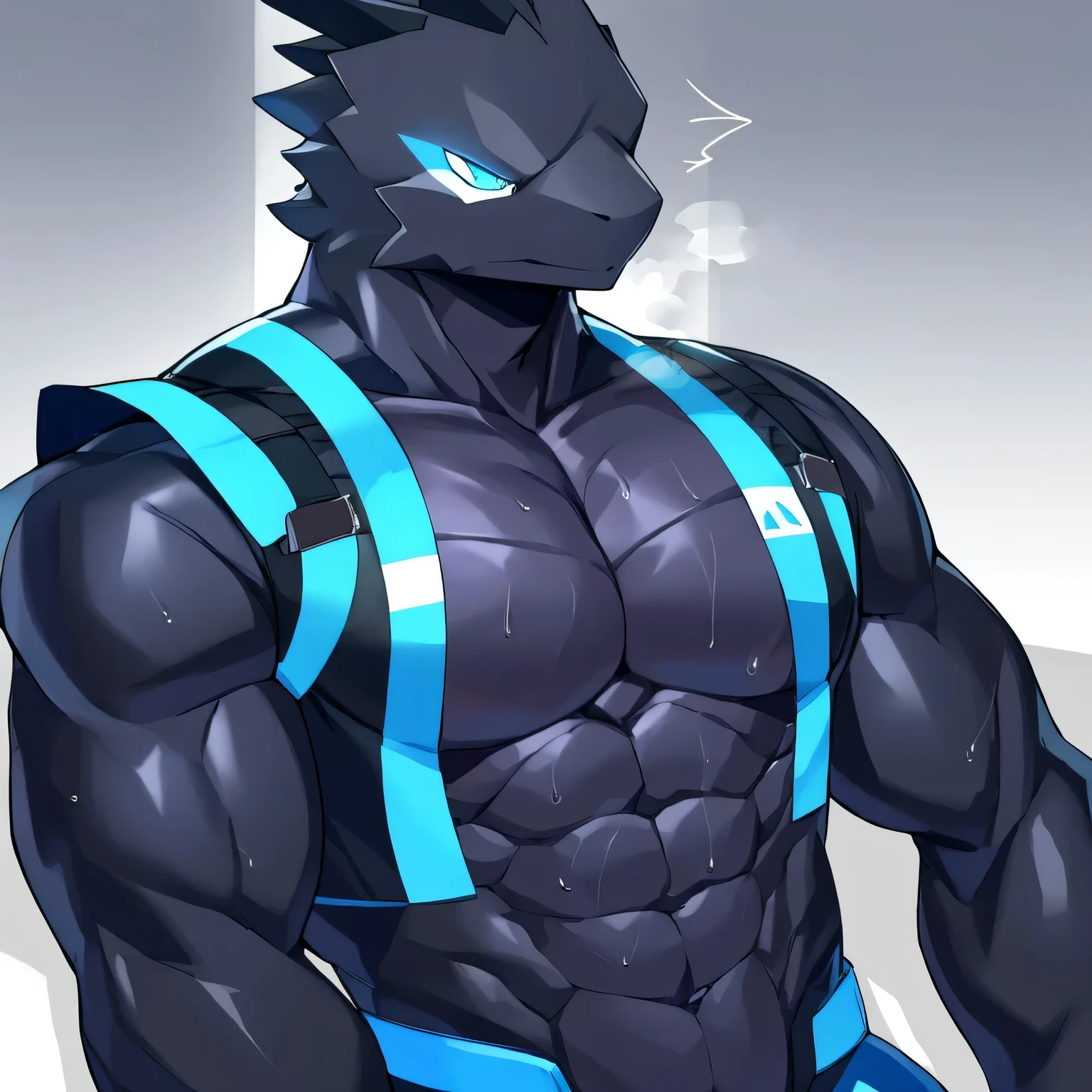 Thin macho western black dragon abs Hollow abs body suit thick arms chest rig 、sweaty skin glow profile Wearily short of breath Chemo shota Chunky breasts Have a sleep on the floor blue eyes Tired look Glowing abs Deep abdominals jacket profile One person Jacket