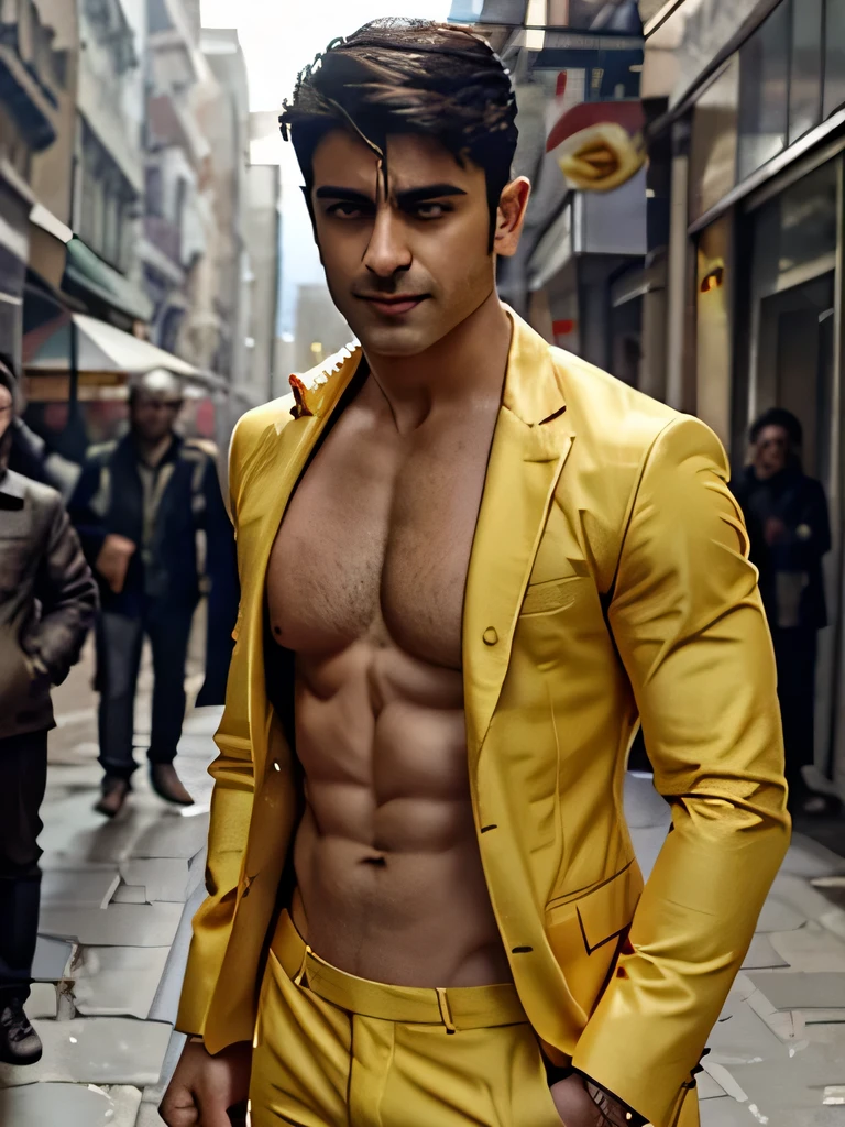 Gautam rode goes shirtless in front of crowded people on a City Street.his nipple touched by the Guy. He gigles. He laugh. The wind blow the coat. He just wear the yellow suit with no Shirt inside.