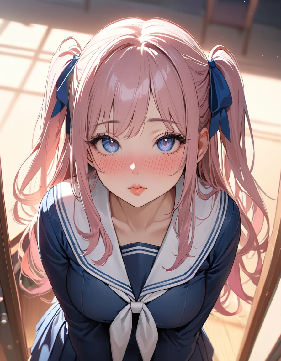 (8K, best quality, master piece: 1.2), super high resolution,1 girl,solo,ultra-detailed face,detailed eyes,gradient eyes,Long eyelashes,pink hair,Long Hair,two side up,kissing viewer,puffy lips,nose blush,Sailor suit, large breasts,Cowboy Shot,Rim Light,From above,classroom