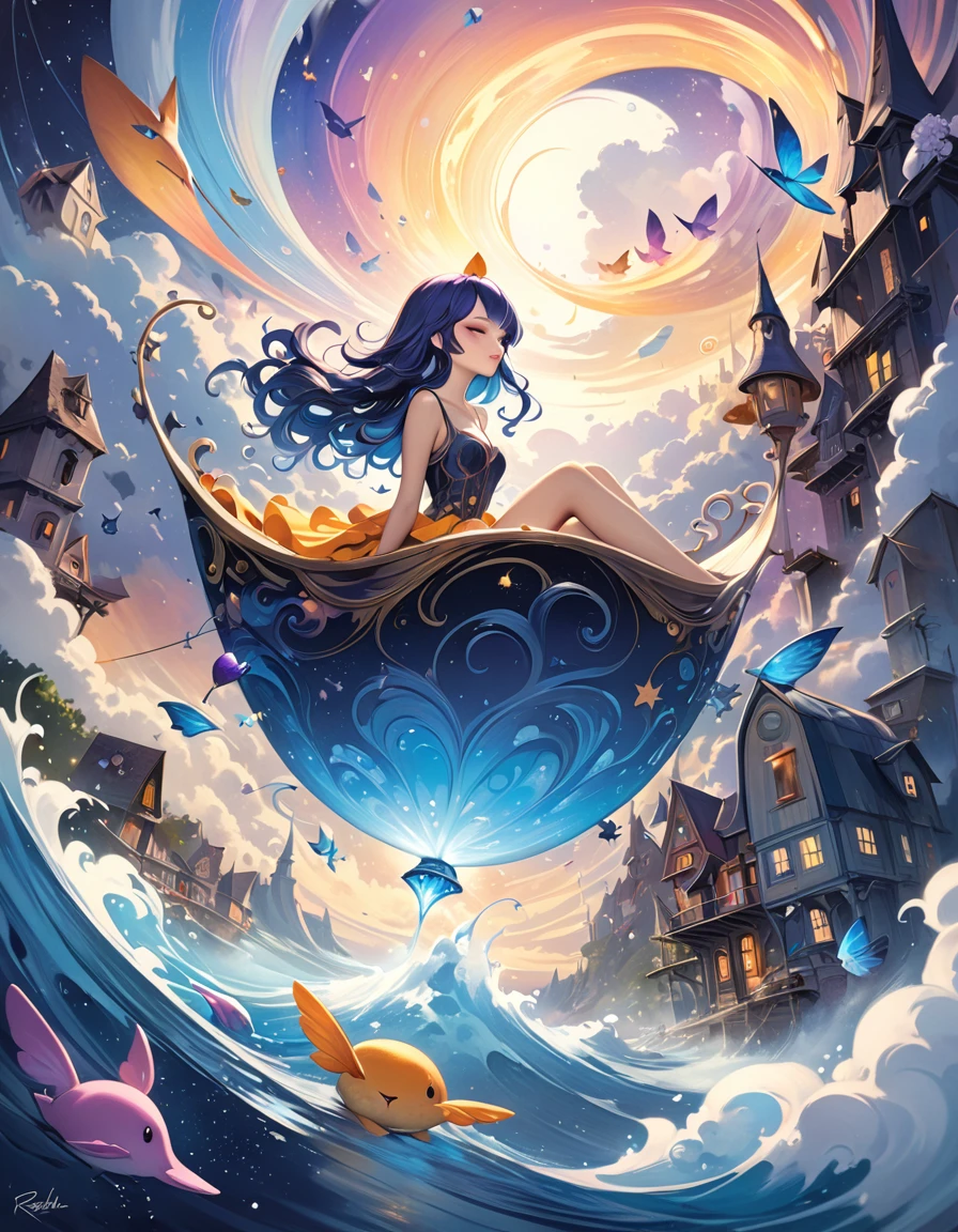 In a whimsical, colorful cartoon world, a kaleidoscope of flying objects swirls against surreal landscapes, inspired by the ethereal sounds of Midnight Tunes. Gentle mews and epic dreams converge as vibrant colors and exaggerated shapes come alive. A fantastical realm unfolds, reminiscent of Etam Cru's distinctive art style. Against a backdrop of swirling clouds and starry skies, photorealistic concept art by Rebeca Saray and Brad Kunkle captures the magic of this world in motion. (art inspired in Bill Sienkiewicz). oil painting)