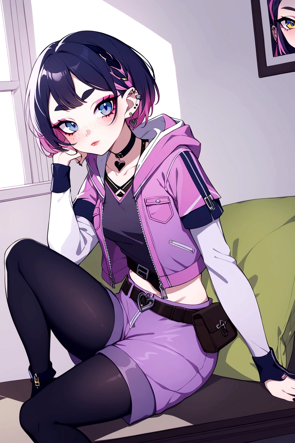 Clove, choker, black hair, blue eyes, short sleeve jacket,(layered sleeves),(very short hair,short over long sleeves), white sleeves,hair ornament,earrings,multicolored hair, jewelry, belt,makeup, short hair,eyeshadow, zipper, lips, black choker, two-tone hair, jacket, nose, pink hair, freckles, pink jacket, hood, (black pantyhose), pouch,open jacket, piercing, black shirt, eyeliner,gradient hair, shirt, thick eyebrows, ear piercing,heart, mascara, purple shorts,eyelashes,black legwear under shorts,short shorts, clovcos