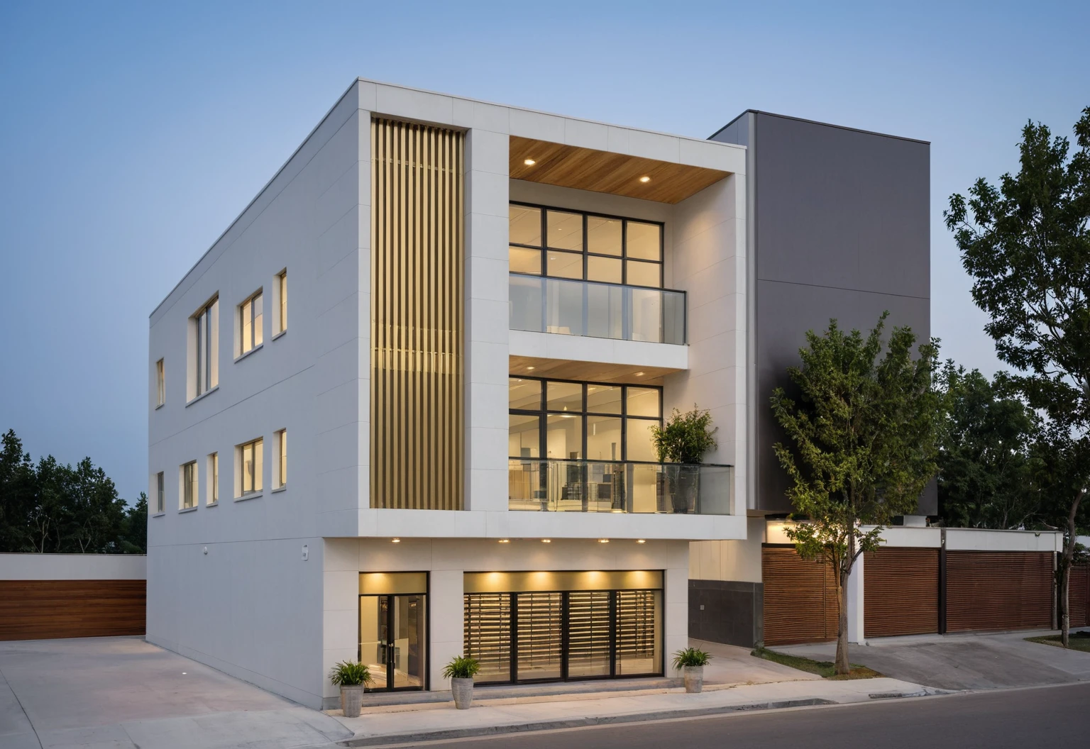 Raw photo,Masterpiece, high quality, best quality, authentic, super detail, modern style, aiaigroup,office building, decorative bars, decorative louvers, sun louvers, aluminum wall cladding, (gold aluminum:1.1), glass railing, outdoors, tree, building, scenery, city, road, real world location, treet, window, balcony, glass railing, on the street, minimalist line, daylight, realistic