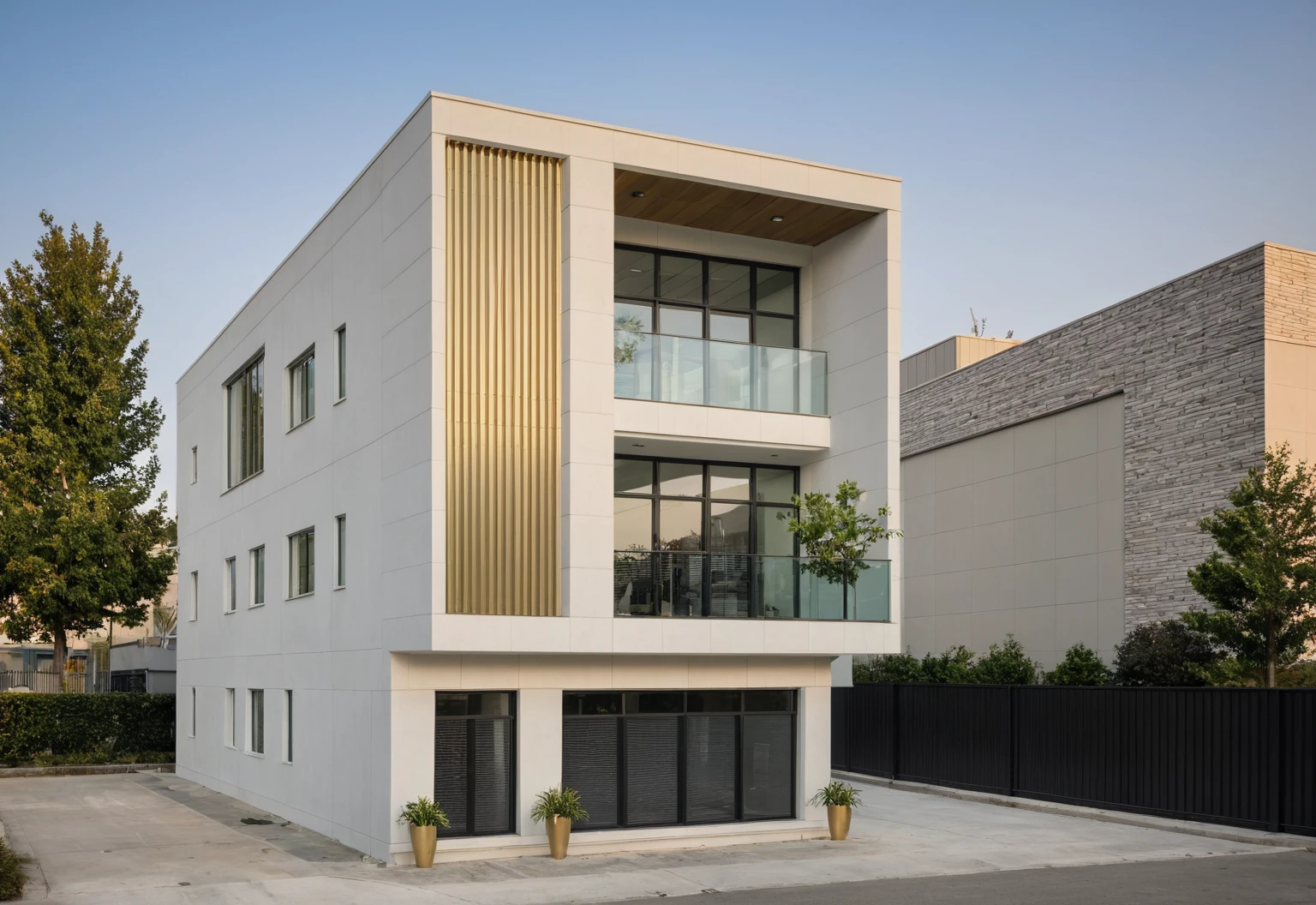 Raw photo,Masterpiece, high quality, best quality, authentic, super detail, modern style, aiaigroup,office building, decorative bars, decorative louvers, sun louvers, aluminum wall cladding, (gold aluminum:1.1), glass railing, outdoors, tree, building, scenery, city, road, real world location, treet, window, balcony, glass railing, on the street, minimalist line, daylight, realistic