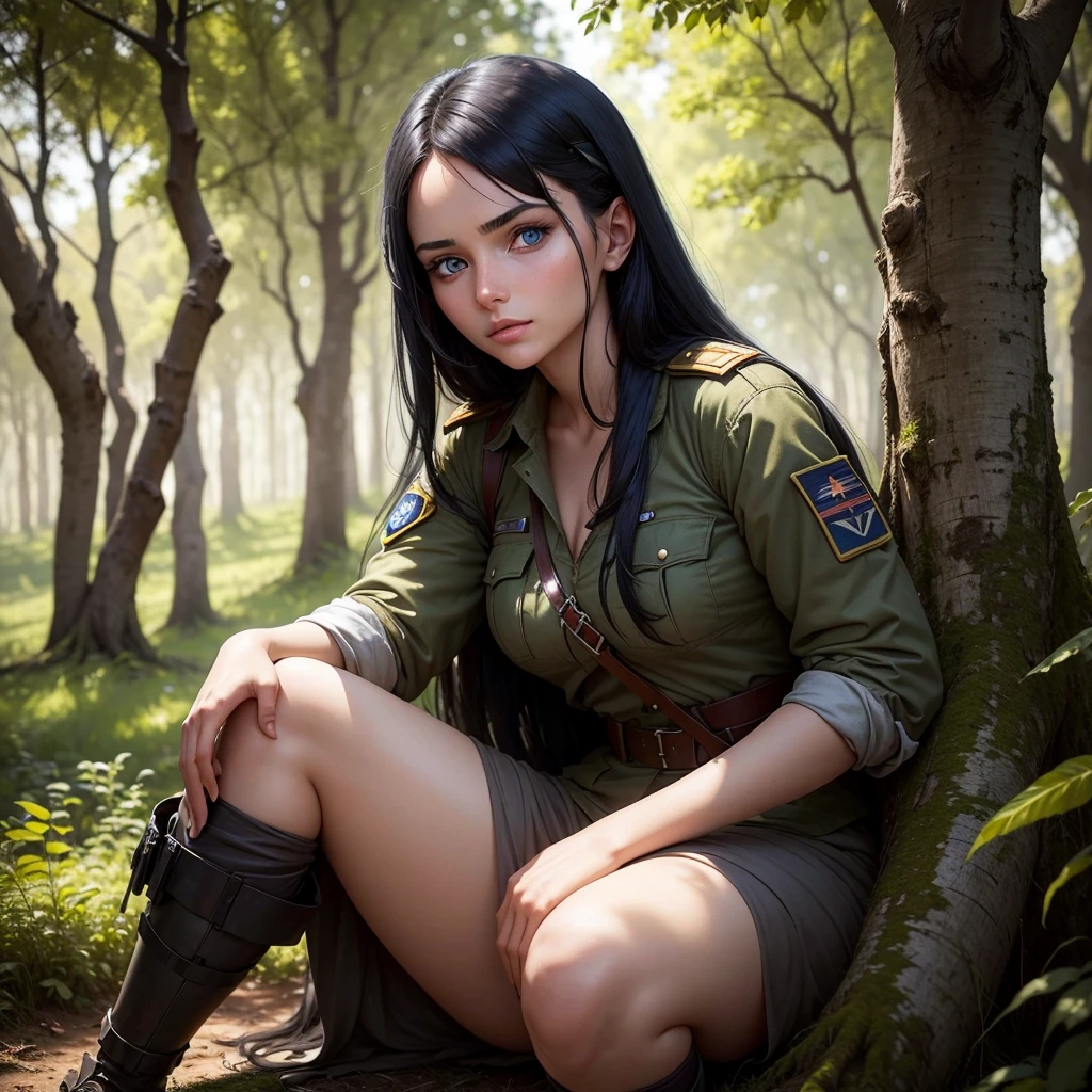 25 year old beautiful girl, blue eyes, black hair, she is a war fighter and is injured and is sitting under a tree in the forest, she needs help and she is in war clothes.