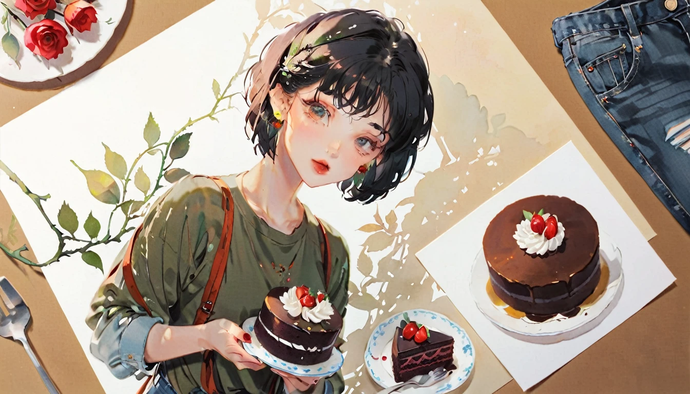 (((paper cutting style))), 1 girl, black hair, curry short hair, portfolio, shirts, denim, Chocolate cake，Rose，