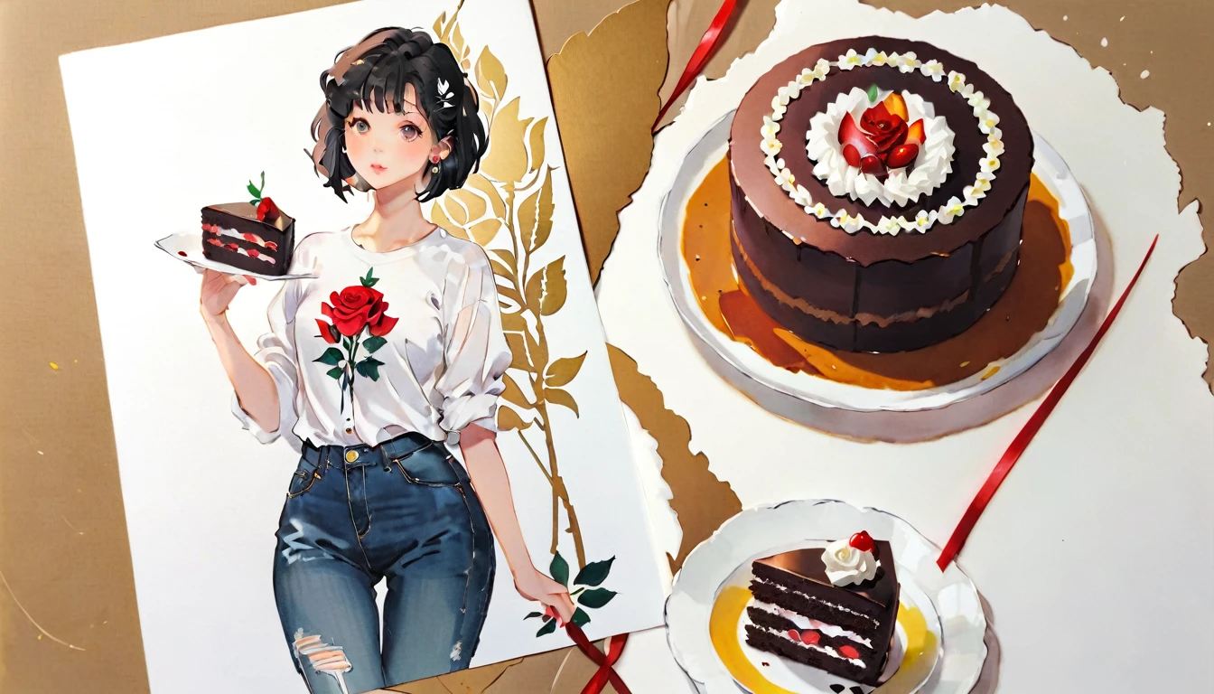 (((paper cutting style))), 1 girl, black hair, curry short hair, portfolio, shirts, denim, Chocolate cake，Rose，