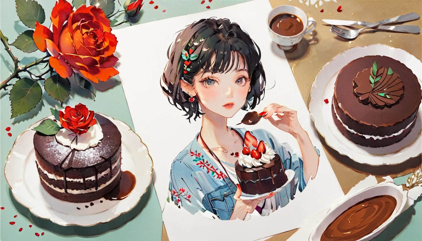 (((paper cutting style))), 1 girl, black hair, curry short hair, portfolio, shirts, denim, Chocolate cake,Rose,
