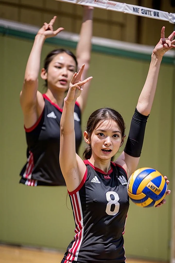 Highest quality,1. Polish female volleyball players,red and white adidas volleyball uniform,whole body,Jump