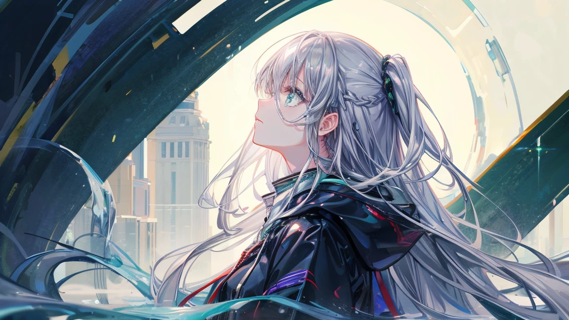 One Girl、Eyes swaying anxiously、profile、Prone to the right、Eyelids lowered、Gray Hair、Long Hair、Green Eyes、