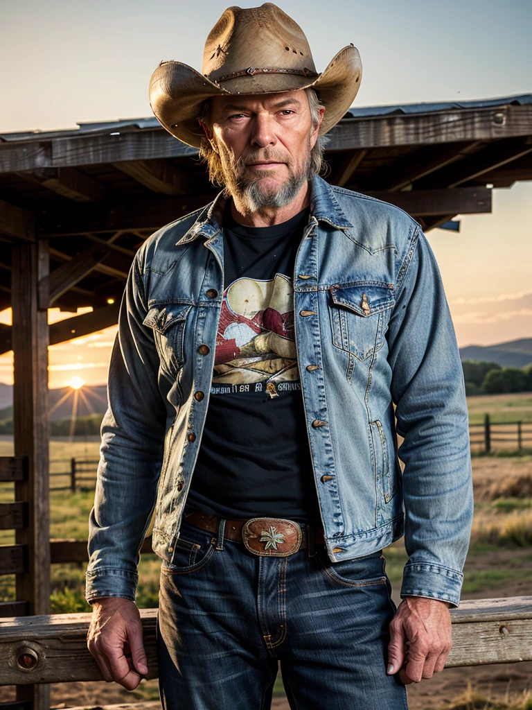 (best quality, masterpiece, highest detailed), (photorealistic:1.2), (detailed light:1.2), (Realistic skin texture:1.4), raw photo, Cowboy shot, Cleen Eastwood, old cowboy, tire gray beard, shabby cowboy jacket , old black T-shirt, old jeans, on the ranch, looking at the viewer, evening, sunset