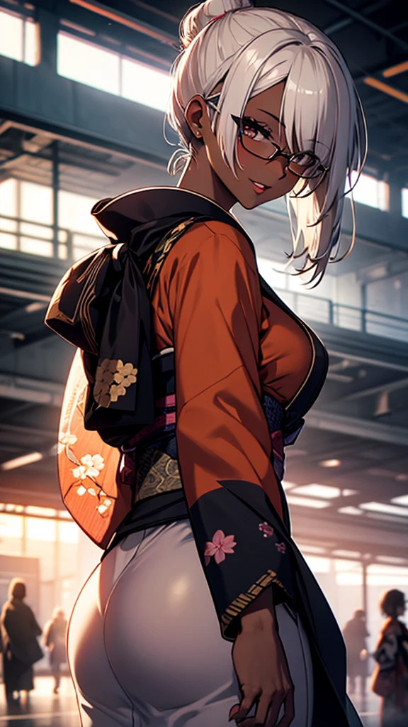 (1girl:1.3), Masterpiece, Best quality, amazing beauty, [[3D]], 4K, absurdres, finely detail, super detailed eye, perfect anatomy, official art, cinematic lighting, BREAK, Island, silky medium hair, hair bun, white hair, super shiny detailed brown eyes, big eyes, sparkle(in the eyes), thick eyebrow, open-mouth, plump lips, Mascara, False eyelashes, pink lips, eyewear, contented smile, BREAK , big breasts, tall, skinny, dark skin, Looking back, BREAK , Shoot from below, BREAK,(kimono:1.3)