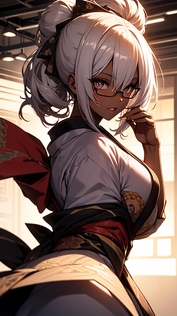 (1girl:1.3), Masterpiece, Best quality, amazing beauty, [[3D]], 4K, absurdres, finely detail, super detailed eye, perfect anatomy, official art, cinematic lighting, BREAK, Island, silky medium hair, hair bun, white hair, super shiny detailed brown eyes, big eyes, sparkle(in the eyes), thick eyebrow, open-mouth, plump lips, Mascara, False eyelashes, pink lips, eyewear, contented smile, BREAK , big breasts, tall, skinny, dark skin, Looking back, BREAK , Shoot from below, BREAK,(kimono:1.3)