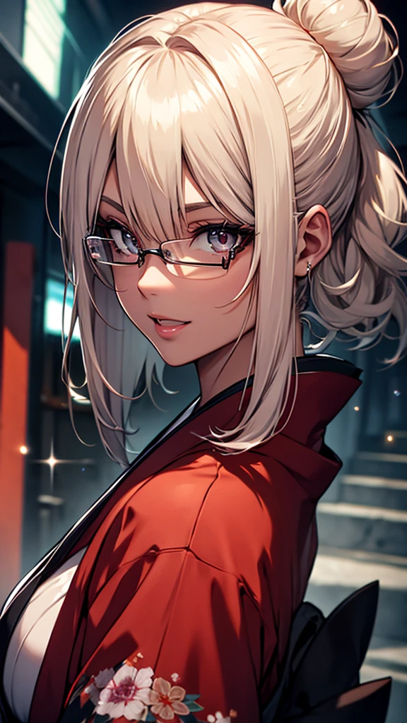 (1girl:1.3), Masterpiece, Best quality, amazing beauty, [[3D]], 4K, absurdres, finely detail, super detailed eye, perfect anatomy, official art, cinematic lighting, BREAK, Island, silky medium hair, hair bun, white hair, super shiny detailed brown eyes, big eyes, sparkle(in the eyes), thick eyebrow, open-mouth, plump lips, Mascara, False eyelashes, pink lips, eyewear, contented smile, BREAK , big breasts, tall, skinny, dark skin, Looking back, BREAK , Shoot from below, BREAK,(kimono:1.3)