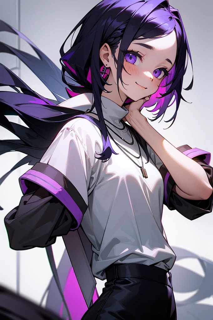 masterpiece,One girl,alone, A light smile, Metal Necklace, White shirt, Modern , accessories, Purple and black two-tone hair color, Unique Hairstyles, stylish
