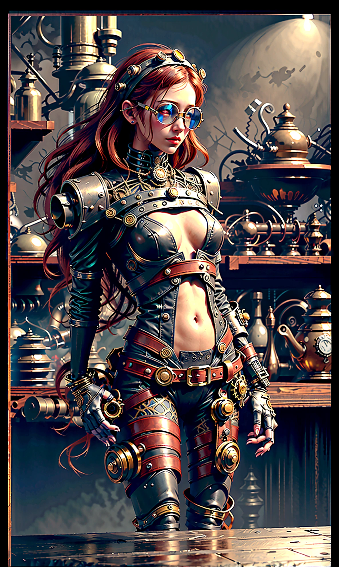 Full body, Full body bild(head to toe in frame)((Masterpiece)),mfbp1, (Best Quality),perfect body (Cinematic),(Extremely detailed CG Unity 8k wallpaper), 1 girl, fit,Delicious company, small breasts,(no goggles on face)(very long redhair),one Stunning red-haired steampunk woman who lost her forearm in an accident received a beautifully designed, fine and perfectly fitting robotic prosthesis (steampunk style) as a replacement, posing coolly in front of machines and factories. With this prosthesis she shows us a sealed, delicate poison glass bottle with blue liquid in it. Hand-forearm prosthesis made of brass and leather. She wears tight-fitting clothing (steampunk leather suit with cut-outs on hips and belly and buckles).the forearms are nude to show the prothetic arm, hoes and decorative wielding goggles in her hair on head, also made of brass and leather. The landscape is a bit gloomy, but also impressive.,1 line drawing,make up,steampunk style 